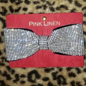 PINK LINEN JUMBO RHINESTONE BOW HAIR  BARRETTE  CLIP PUNK GLAM EMO Y2K Mcbling